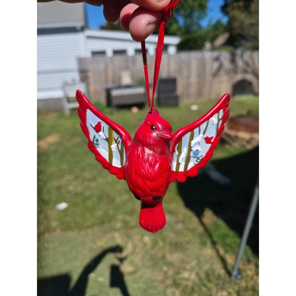 Red Cardinal Christmas Ornaments Set of 2 Winter Scene Hand Painted Bird Decor